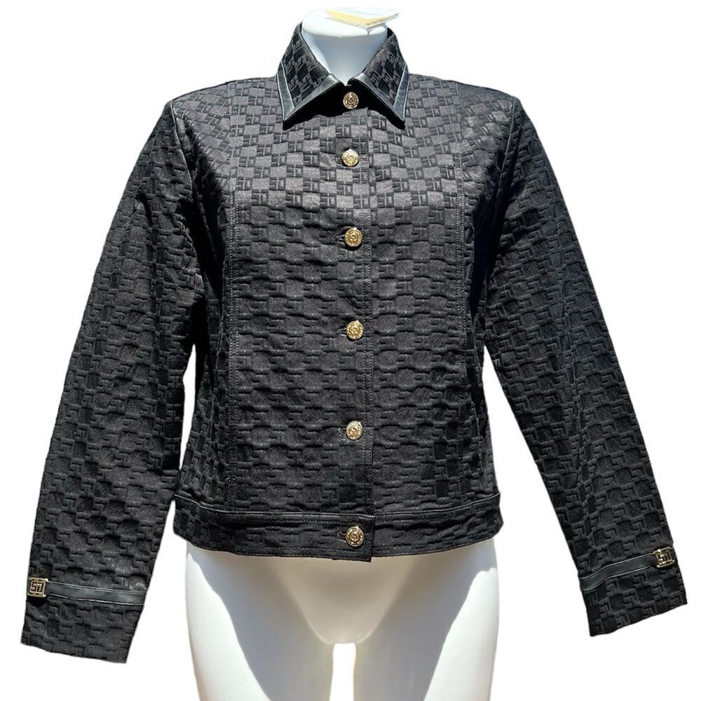 St John Sport Black Logo Trucker Style Jacket Gold Tone Buttons New Size Small